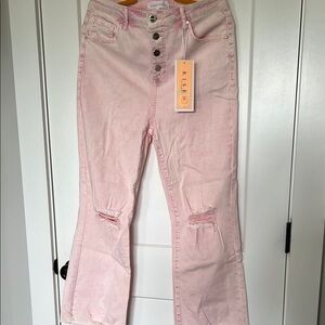 Pink Acid Wash Risen Flare  Leg Jeans with Distressed Details